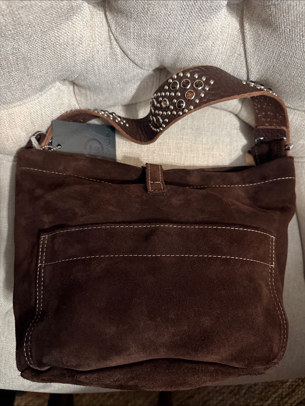 Tylie Malibu Dark Brown Suede Shoulder Bag with Leather Studded Strap - Picture 12 of 14
